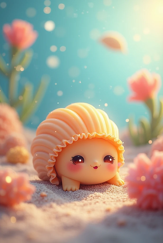 (8K, Raw photo, Best Quality, masutepiece: 1.2), (Realistic, Realistic: 1.37) There are many pink shells on the beach, there is water, pearlescent, pearls and shells, soft spills, pearling, pink jellyfish everywhere, soft 3D rendering, ethereal bubbles, bubble landscape, Iray shader, pastel pink, pink reflections, pearl sky, shells, paradise pink, Pastel colors, pink pastels, 1 tiny tiny girl in the shells