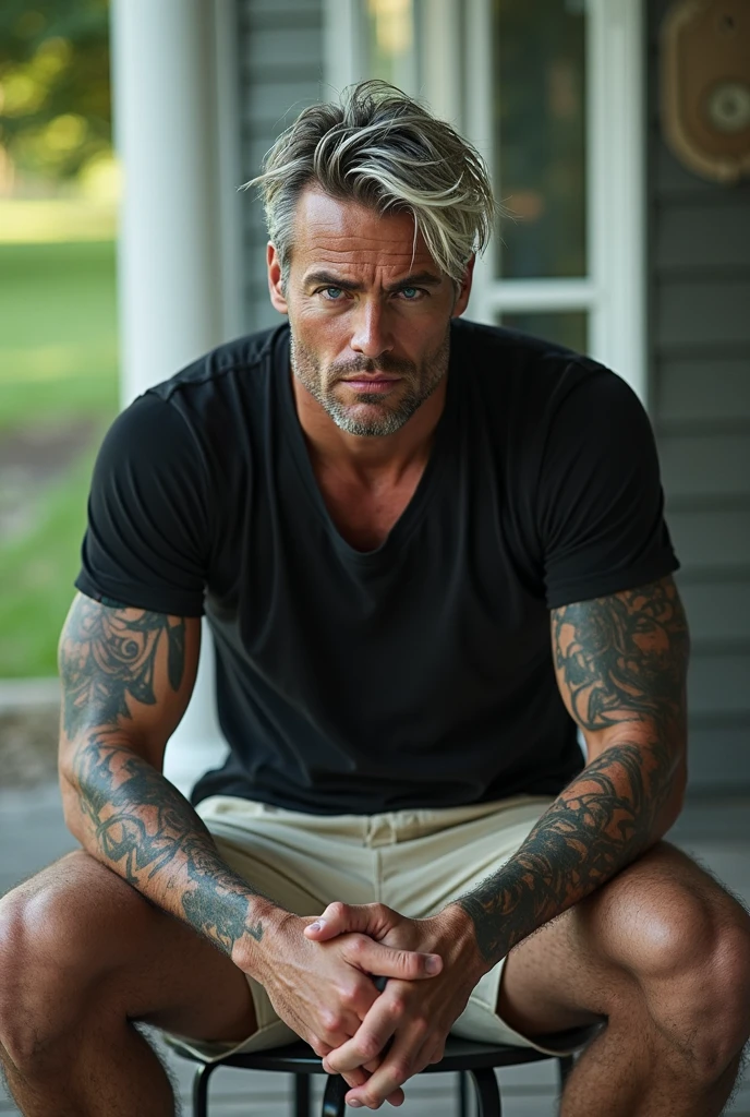 " a 45-year-old man , with hair in crystal tones that reflect light, and penetrating blue eyes that transmit mystery and power. Your mouth, sensual and attractive, stands out on a face with cold and impassive features, but his eyes are charged with a silent seduction.  he's muscular, with an imposing body, and he is wearing cream shorts and a tight black t-shirt, that they highlight your muscles and visible tattoos on your arms and chest. He is seated on a porch, with a coffee table in front of him, transmitting an aura of mobster and cruelty. The surrounding scenery is tranquil, but his face suggests that nothing suggests In your presence it's innocent."