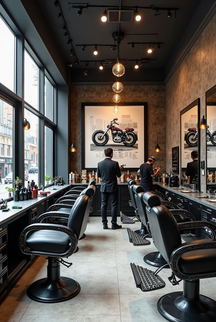 Create a modern and stylish barbershop, that includes 4 barber chairs, in this one there may be some objects to do with motorcycles (No more, just something subtle) with a modern urban style
