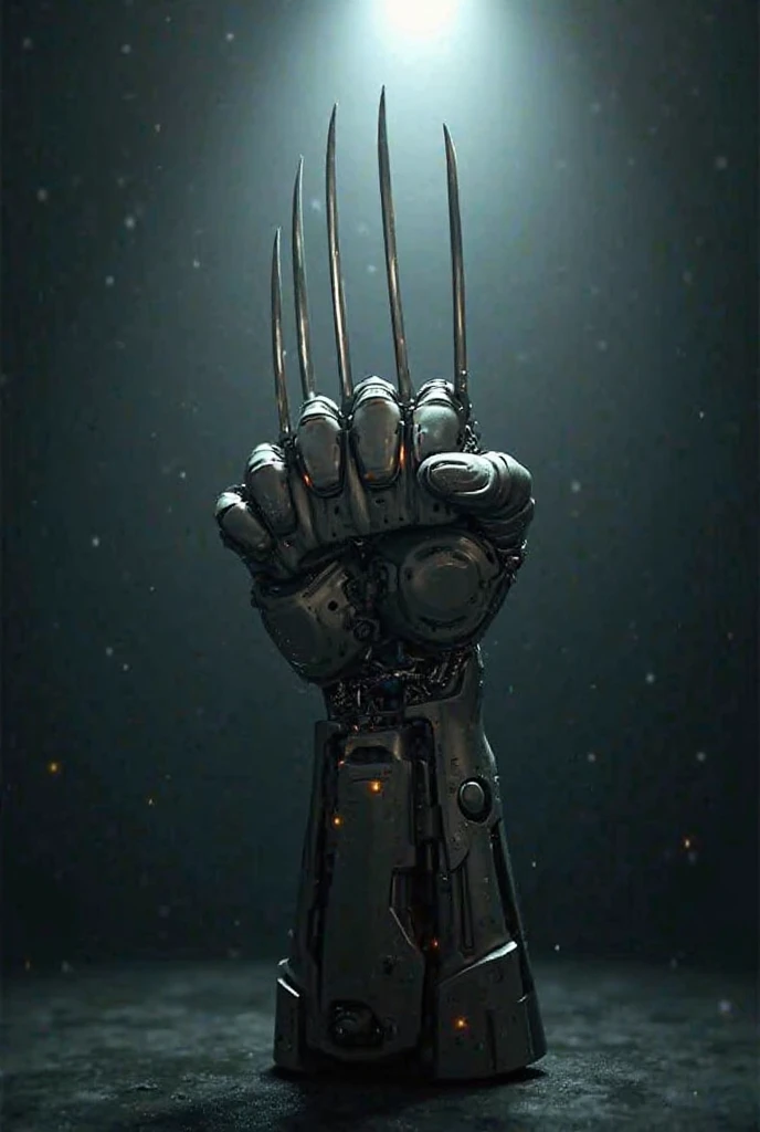 Make a woman's robotic hand with long claws, Clenched in a fist, Hand over in the spotlight, A hand that has Wolverine's claws.