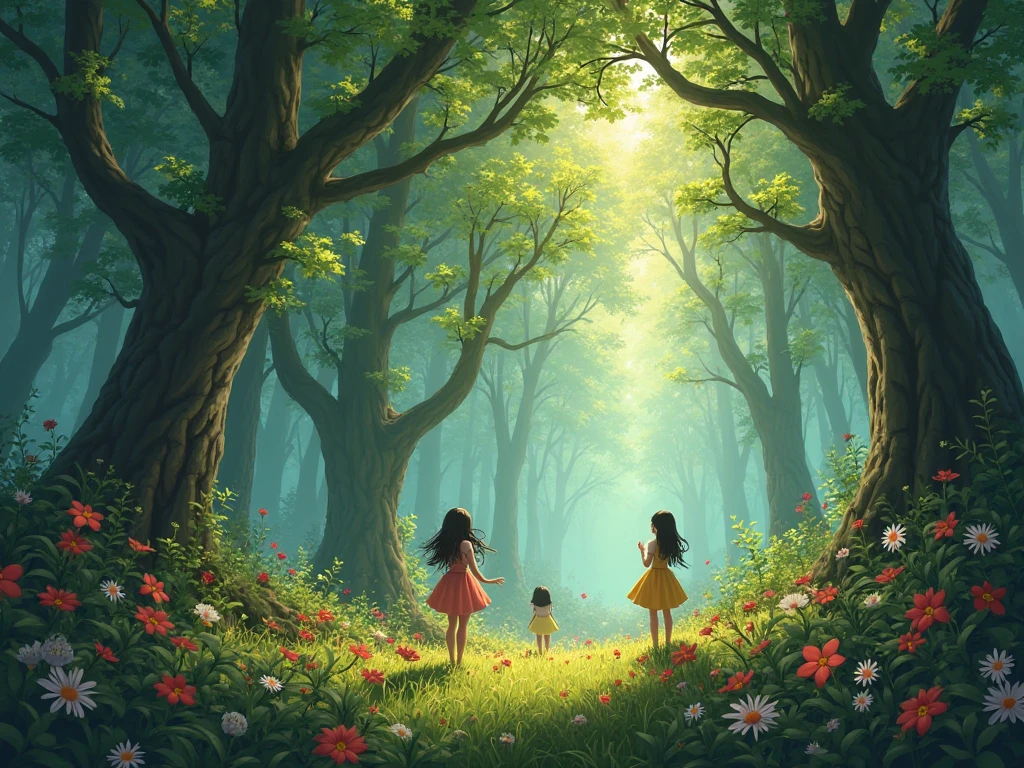 Scene 1:
In a big, beautiful forest, a young guardian named Alex takes care of three boys (Ben, Charlie, and David) and two girls (Emily and Florence).