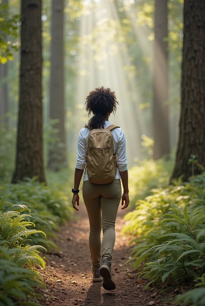 (photorealistic:1.1) Young Jamaican woman looking back over her shoulder and smiling while hiking in a dense forest, long ponytail, wearing a red tank top and black miniskirt and hiking boots, wearing backpack, lush vegetation, beautiful woman, stunning scenery