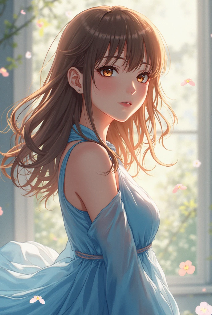 ((Masterpiece)), (Anime:1.3), ((best quality)), (RAW photo: 1.2), (High Definition:1.3), (Professional Photography:1.2), (), 8K, from side, (Glossy lips), Textured skin, cinematic lighting, ((exposed stomach)), 1girl, Cute teenage beaul Girl, (beautiful brown eyes), details of Very unruly hair, medium hair, ((dirty and very torn white camisole)), (smile), Slender body, small breasts, sweaty, Beautiful small breasts, Cat ears, Pale brown hair, ((Gazing at the blue flower)), slum townscape,