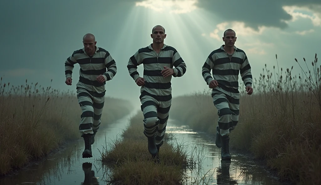 4 white men chained at the waist running, men behind with gray clothes, 1 man in front highlighted in opaque orange clothing, detailded, simple torn clothes and bare feet