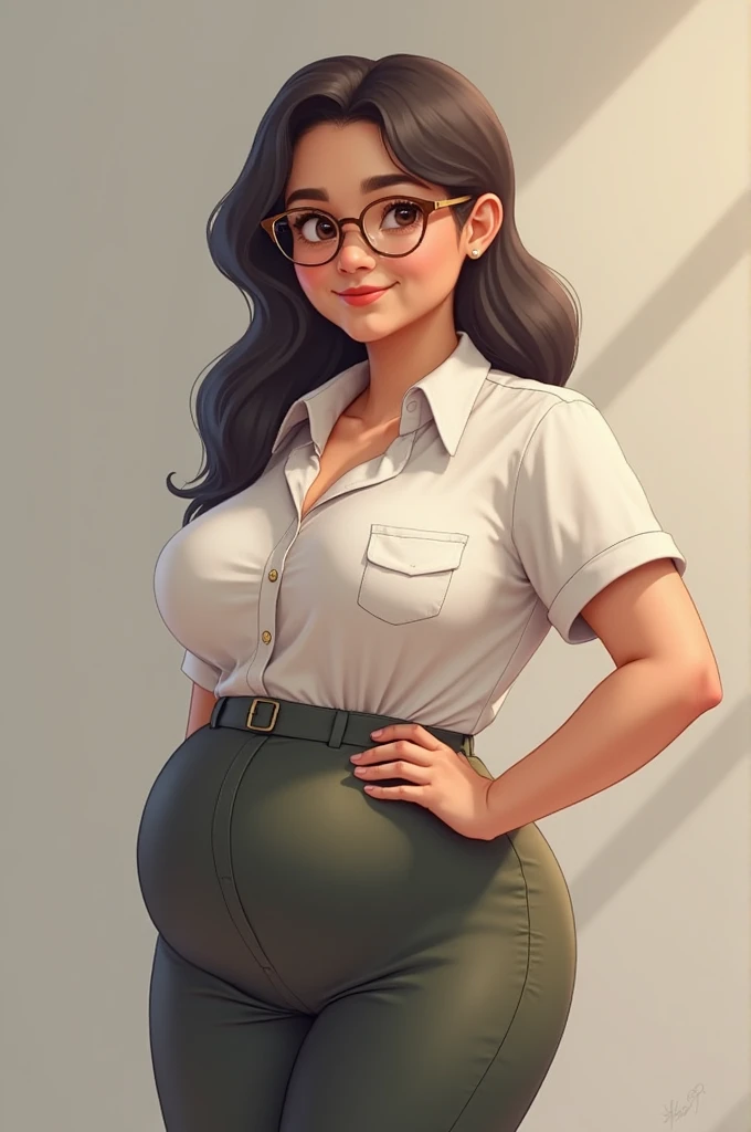 woman face more or less fat, Dark brown hair slightly wavy, with honey-colored brown eyes, without big belly, body more or less plump, bust more or less large, buttocks large, with a white long-sleeved shirt and is painting
