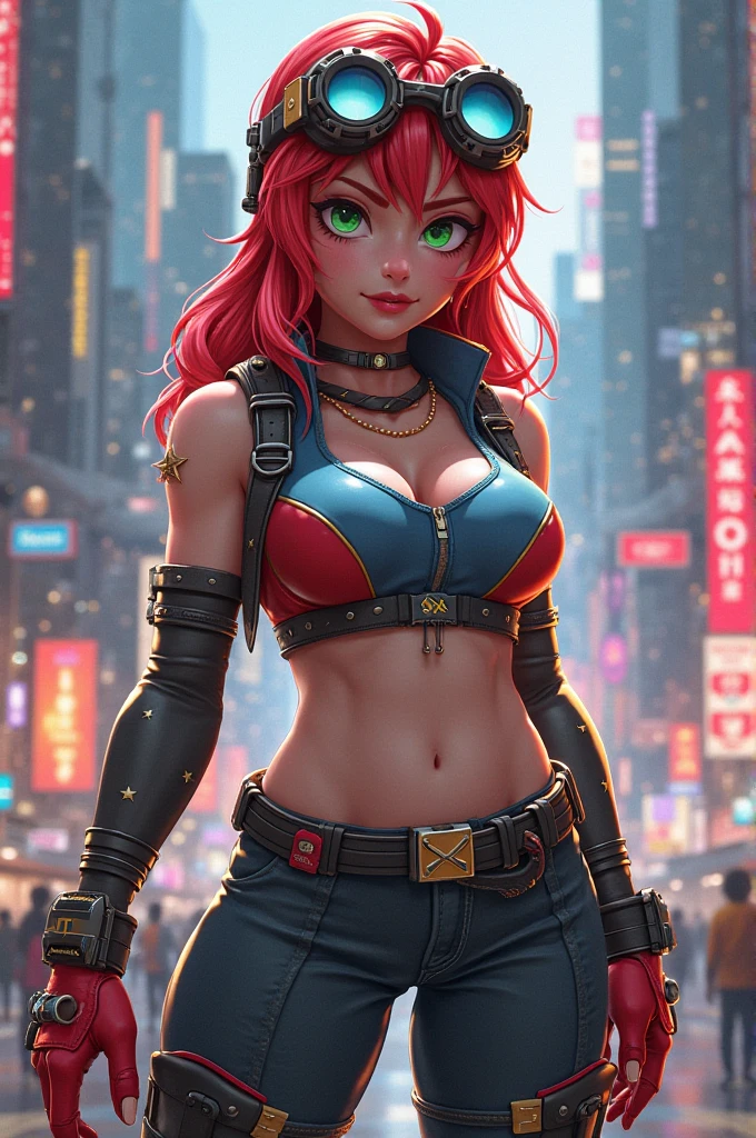 best quality,4k,8k,highres,masterpiece:1.2),ultra-detailed, extremely detailed eyes, extremely detailed body, (large masterpiece digital art), (detailed manga illustration), (detailed line art), ((perfect anatomy)), (intricate details:1.3), (ultra-detailed:1.3), (illustration:1.3), (sharp focus:1.3), (natural lighting:1.05), (vivid colors:1.3), (masterpiece), (best quality:1.4), (perfect anatomy:1.4), high quality, expressive eyes, full body, detailed face, beautiful face, perfect face, 1 girl, breasts, cleavage, gloves, large breasts, cyberpunk clothes, ultramarine jacket, very long hair, thigh length hair, ({dark skin}), dark-skinned female, detailed ((red hair)), messy hair, green eyes, gloves, jacket, hourglass physique, casual outfit, shorts, dynamic lighting, cityscape background  curvy, Atey Ghailan, Jeremy Mann, Greg Manchess, Antonio Moro, trend in ArtStation, trend in CGSociety, Intricate, High Detail, Sharp focus, dramatic and photorealistic painting art by Midjourney and Greg Rutkowski, Jeff Bridges, ((cartoon style)), Marvel Cinematic Universe style, (((Boston in the background))), soft bokeh of Boston