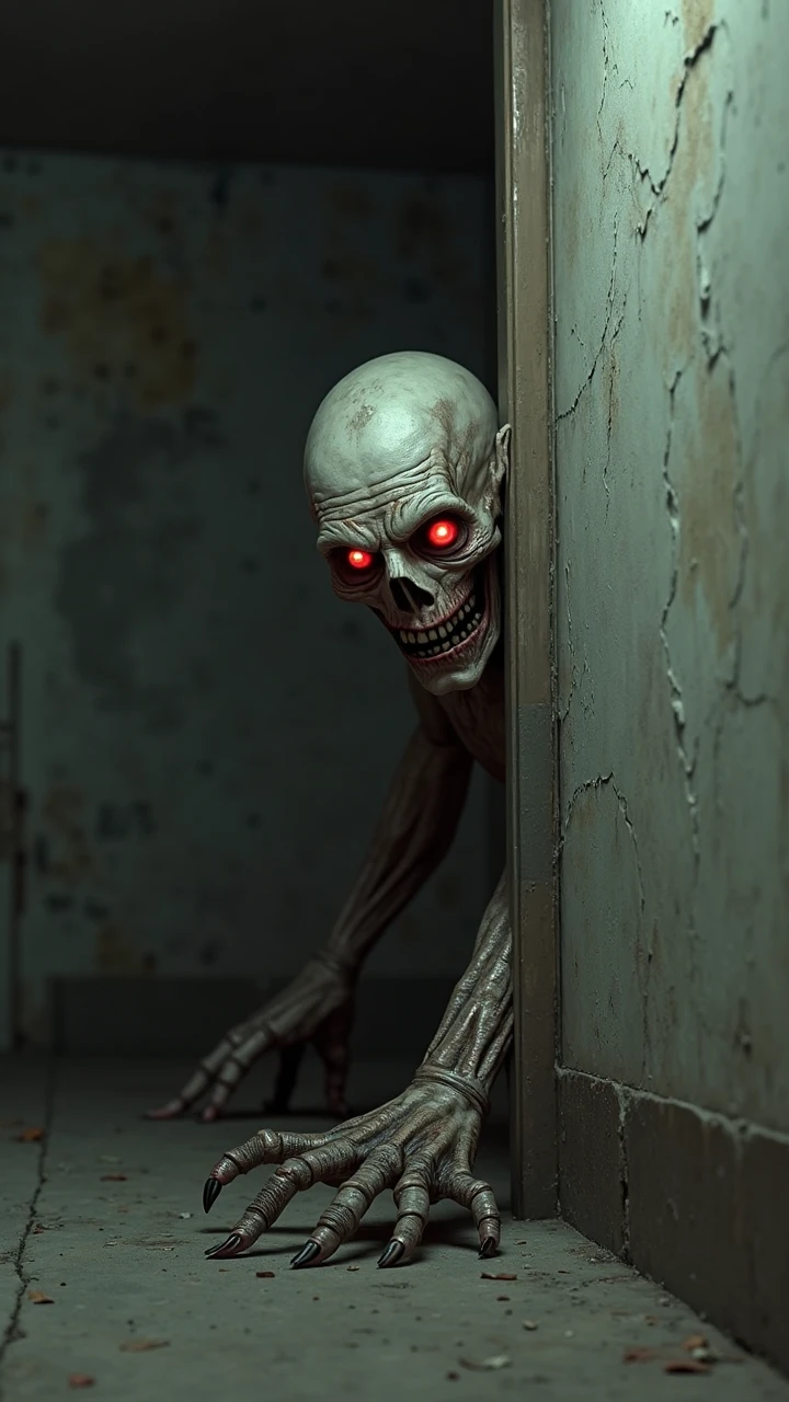 (photorealism:1.2), Terrifying alien in a room of a house, On the wall some words written in blood that say TERROR MG,that appears. Good words, In the dark