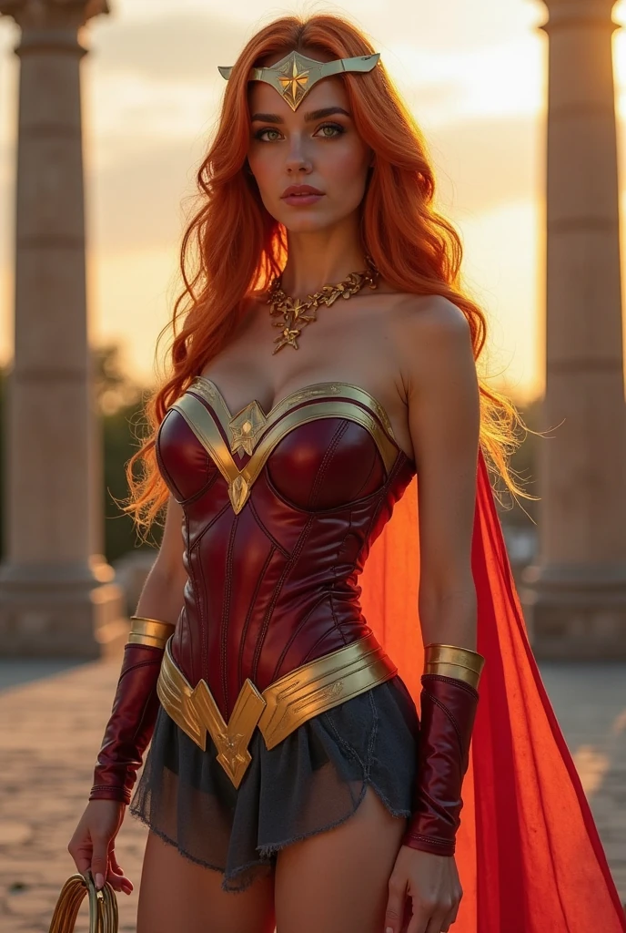 (ornamental orange hair), madelaine petsch is wonder-woman, usando o traje da mulher-maravilha com capa (((traje com tons branco e dourado))), posando para uma foto em um parque, hands on her waist, (fotografia), (human perfect hand), (insanely perfect eye), (insanely detailed face)