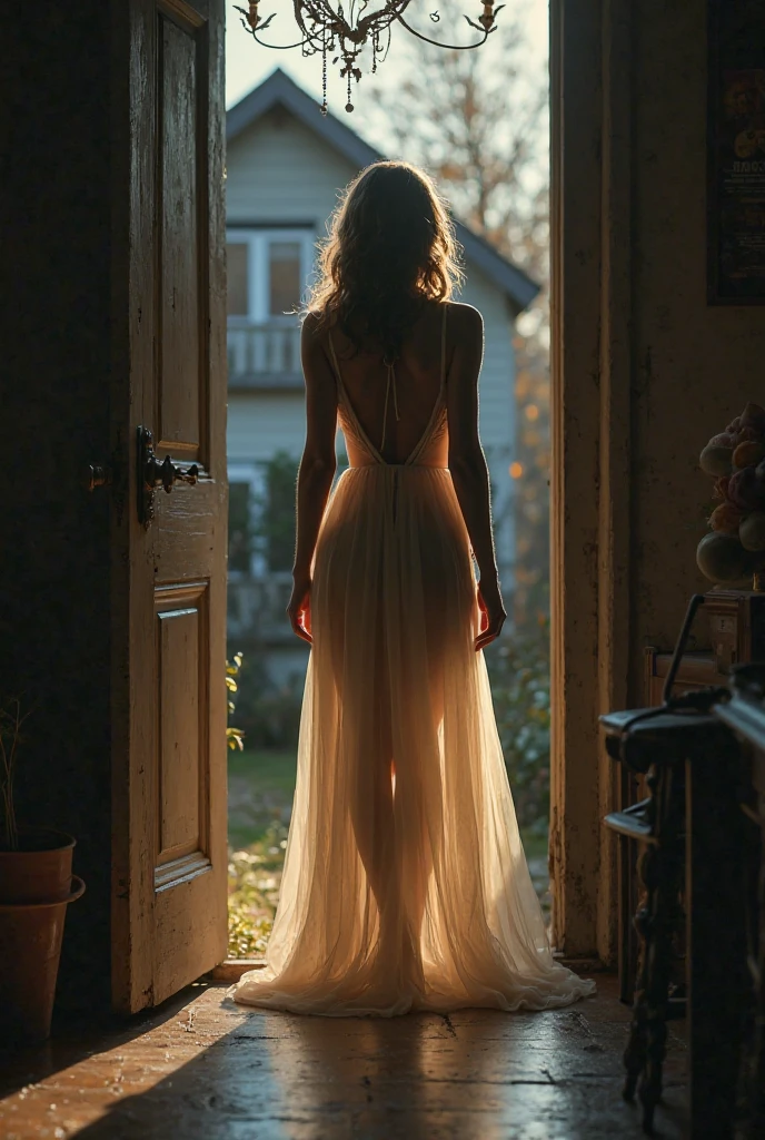 A beautiful korean girl, 20 years old, kpop style, light brown long wavy hair, sexy slim muscular body, long legs, wide thigh gap, sexy butt, standing back view on rotten wooden stairs, wild plants growing around stairs, inside an ancient house. Ray of light from broken windows and roof. She's wearing white thin gown, clearly see her beautiful butt inside, looking over shoulder to the viewer, (from below, from below, from below:1.4), ((small breasts)), dramatic lighting, realism