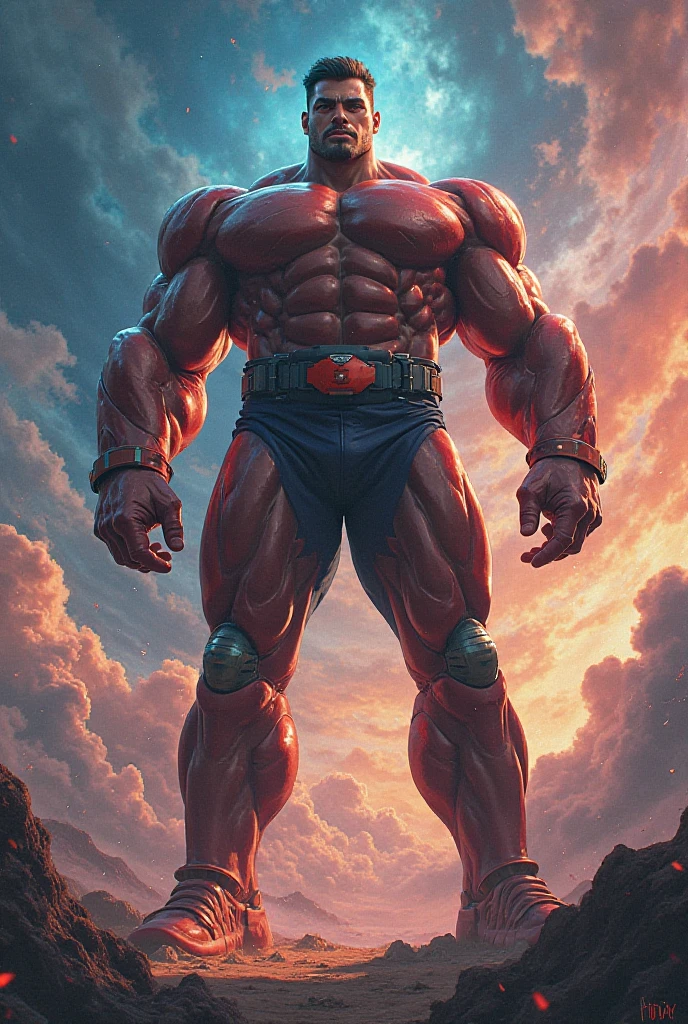 full shot photo of muscular ironman, flying,red robot outfit, cornrows, fists, angry, energetic, realistic,photo, blue sky background, comics style, detailed clothes, <lora:bulkedupAI_bulkedupAIR15:0.5>