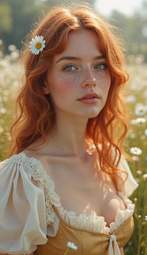 Luma is a topless person, she is beautiful And have a strong posture, she has huge breasts that have a voluminous proportion, a pear feminine silhouette, Auburn hair, long Auburn hair, She has expressive eyes, ( Only eyes olive green) Her skin is fair and she has some light freckles on her cheek bones, busty, Farm, Brown rustic clothes, boho clothes, farm boho fashion clothes, romantic vibes, fire lights, fire sparkles, flowers clothes the hair to be half straight and half with curled ends cartoon