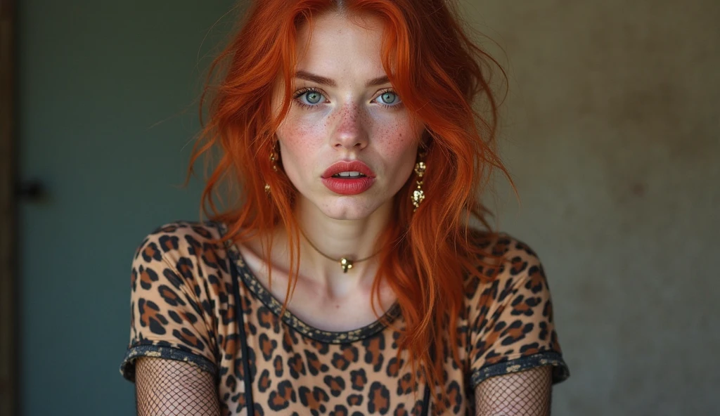 Beautiful girl with red hair with Nordic features, stuffy nose earring, blue eyes, red lipstick, big big , jaguar t-shirt with wide neckline and transparent parts, fishnet tights that reveal pink leopard panties , Open mouth, Seen from the front , full body photo