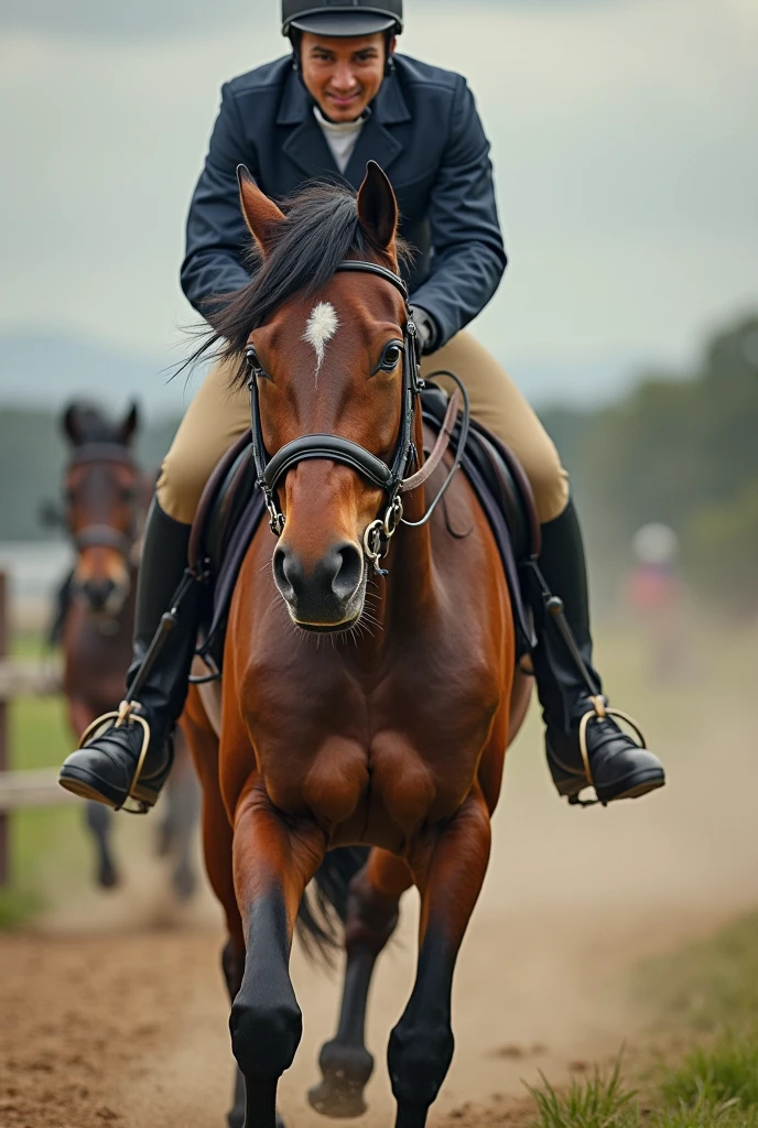 create an image
---
Picture 1:
Close-up of a rider preparing for an equestrian race. The rider is on top of the horse, with a frown, concentrated.
Fala do cavaleiro:
"This is the moment! I need to do my best."
--- Table 2:
General plan of the horse trotting on the field. The horse has its head held high, feeling the adrenaline of the race.
Pensamento do Cavalo:
"I must be quick! My rider trusts me!"
--- Table 3:
Close-up on the rider's face, with a confident smile as he looks at the obstacle ahead.
Fala do cavaleiro:
"Come on!, horse! We've got it!"
---
Chart 4 :
The horse accelerates and starts jumping over a high obstacle. The movement is agile and precise.
"¡Zummm!" (sound of the wind passing while the horse jumps)
---
Picture 5 :
Close-up camera on the rider Leap moment, the tension is visible on his face.
Pensamento do cavaleiro:
"This is all!"
---
Table 6 :
The horse lands on the other side of the obstacle, with mane undulating in the wind.
onomatopoeia:
"Bum!" (sound of the gentle impact of the horse's feet on the ground)
---
Quadro 7:
General plan with the rider and the horse successfully completing the race. Both are tired, happier for the conquest.
Fala do cavaleiro:
"We did it, horse! We are an incredible team!"
---
With these elements , you have a story that includes Locadilho of sayings and thoughts, onomatopoeias and the foreground, all within the theme of horses and equestrianism.