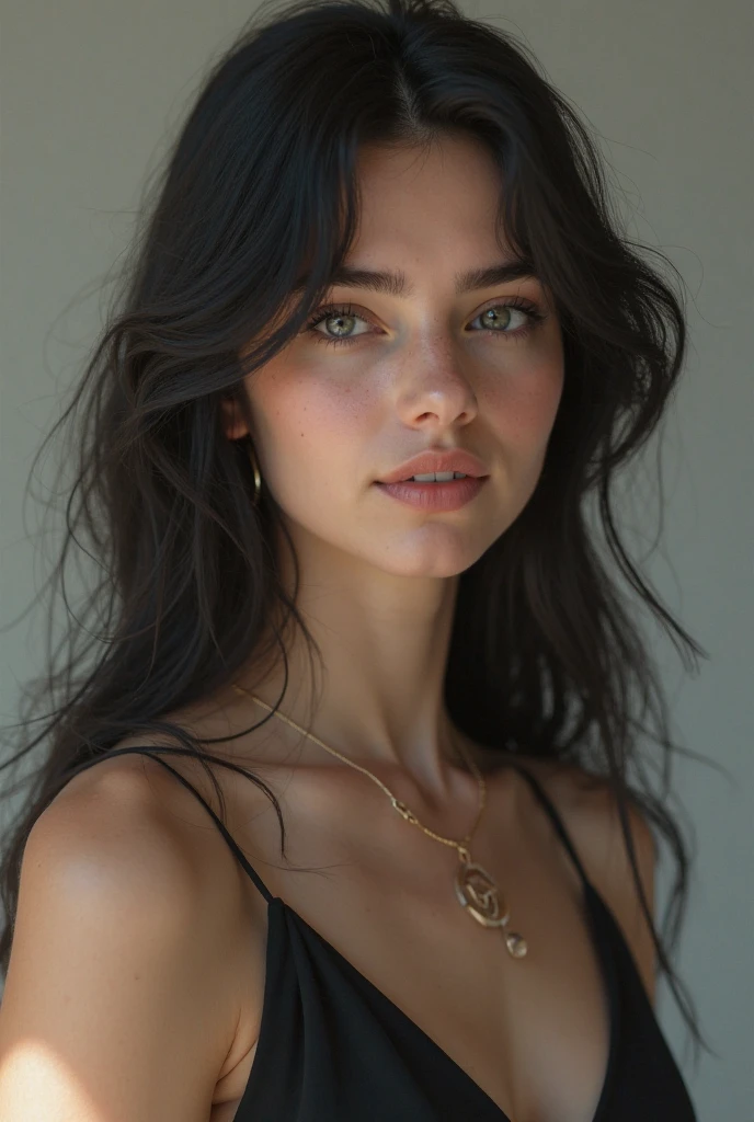 a woman with long black hair and a necklace on her neck, realistic restored face, realistically rendered face, realistic beautiful face, photo-realistic face, beautiful realistic face, detailed realistic face, photorealistic beautiful face, realistic detailed face, realistic human face, detailed and realistic face, highly detailed realistic face, photorealistic skin tone, realistic and detailed face, realistic maya
