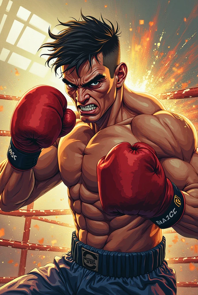 Le même boxeur à genoux sur le ring, accablé, appuyant ses mains au sol pour se relever avec une détermination palpable. La lumière vient d'en haut, illuminant son corps et créant un halo autour de lui, symbolisant l'espoir et la résilience. Son expression montre à la fois la douleur et la volonté de se remettre debout. Le ring est représenté avec des détails minimalistes, et l'arrière-plan est flou, gardant l'attention sur le mouvement du boxeur. Les couleurs sont légèrement désaturées pour accentuer le sérieux du moment, avec des ombrages doux qui donnent une profondeur et une texture réalistes.