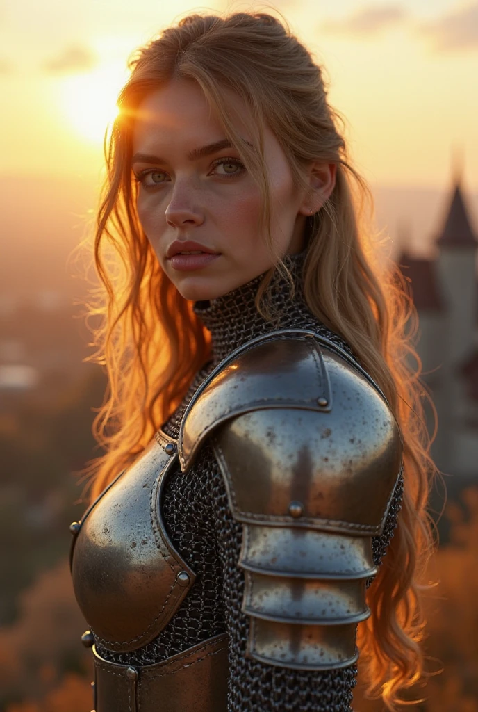 (work of art), (extremely complex:1.3), (realisitic), portrait of a , the most beautiful in the world, (medieval armor), metallic reflections, trunk, plein-air, Strong Sunlight, far away castle, professional photography of a stunning woman detailed, sharp focus, Dramatic, awardwinning, cinematic lighting, octane render unreal engine, volumetric dtx, (film grain, nblurry background, blurry foreground, bokeh, Depth of field, sunset, motion-blur:1.3), Chain mail