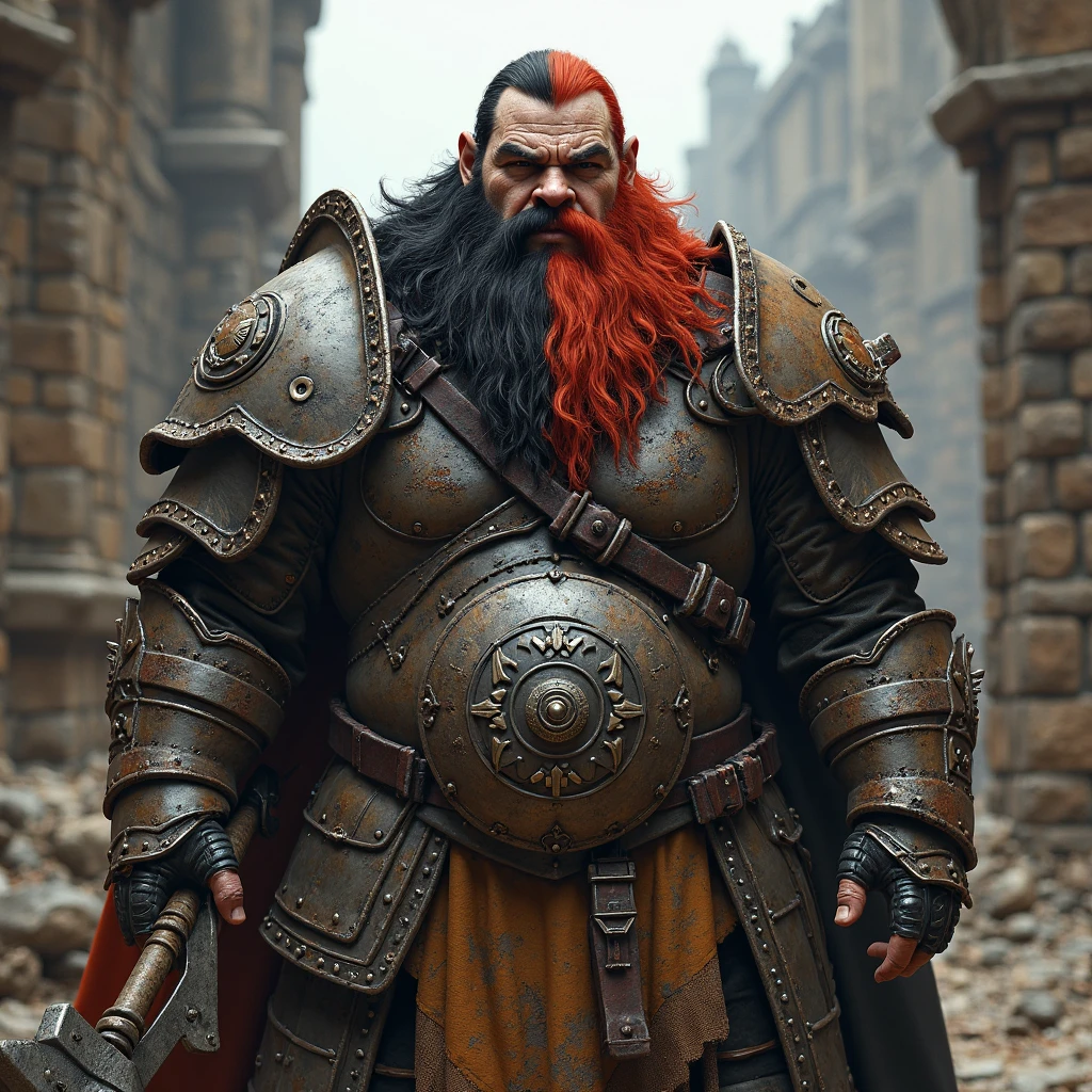 big monster man with big beard and leather armor, hoodie, hair slicked back, a bit fat