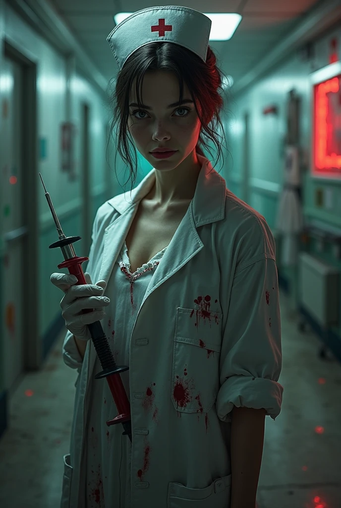 Nathalie Portman beautiful face and full body, 1solo, She's hiding from something that's chasing her, Wet white blouse unbuttoned, White uniform smeared with blood and torn, dressed to seduce, ultra realistic and detailed photography, best quality, realistic photography style, sexy, cinematic effect, cold and gloomy colors, ultra realistic and detailed cracked skin, she is dressed in o Sexy nurse costume, she cosplays as a nurse, nursing uniform with provocative neckline, thin waist, provocative pose, dark street at night, abandoned hospital, abandoned hospital room, dark and cold place, damp and scary, she is sweating fear, is all covered in dust and blood but maintains an irresistible sensuality, dark fog in the style of horror and suspense films, cinematography in the style of director Zeck Snader. Blurred background highlighting the character of a sensual nurse, high shadow curve, maximum sharpness, full HD resolution, wide-angle lens photography, f1.2 background blur, dark vignette, highlighted shadows, low light,