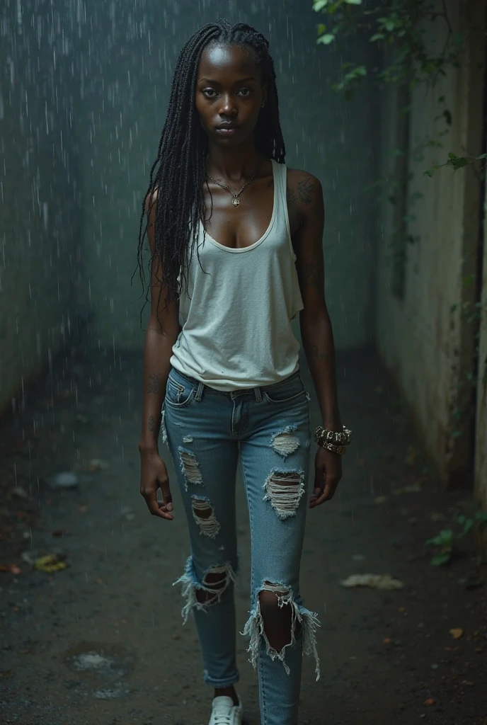 8k, raw photo, best image quality, masterpiece, super high resolution, (fidelity:1.4), photo, 1 girl, (skinny ebony girl, 20 years old, most beautiful ebony girl in the world, dark skin, black hair, dreadlocks hair, dreadlocks), white shirt, torn jeans, white sneakers, dim, darkness, despair, pity, poor, movie, tears, teardrops, (torn clothes:1.5), (wet clothes:1.4), bare shoulders, real rain, wet hair,..