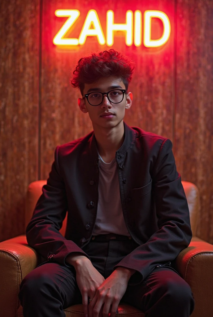 a millionaire kid , wearisuite ,million dollar in hand, gold box beside the table,sitting in a residential building room,neon light dark room