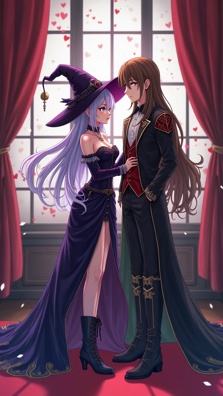 Anime style femele Wearing a top hat Wearing a black magician's outfit Short and young ears are long and pointed, Hair color is purple Purple eyes Performing magic tricks