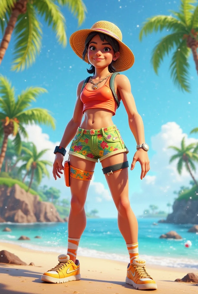 kyedae, masterpiece, best quality, 1girl, bratty, solo, armpits, flat breasts, pakistani, torn clothes, SUNGLASSES,  black hair, brown skin, toned, midriff, no strap top, collarbone, purple shorts, smirk, earrings, thigh, armpit, left arm slightly raised, right arm on hip, choker, looking down at camera, dominant, green eyes, shades, green hair highlights, bob hairstyle, full body, no straps, beach, visible nipples