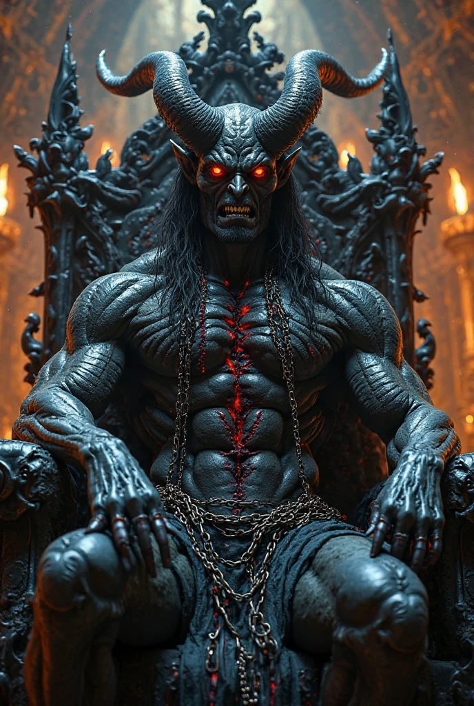 Imagine a colossal figure, the demon emperor, sitting on a throne made of bones and skulls, with eternal flames burning around you. He is imposing and majestic, with an aura that radiates pure power and terror.
