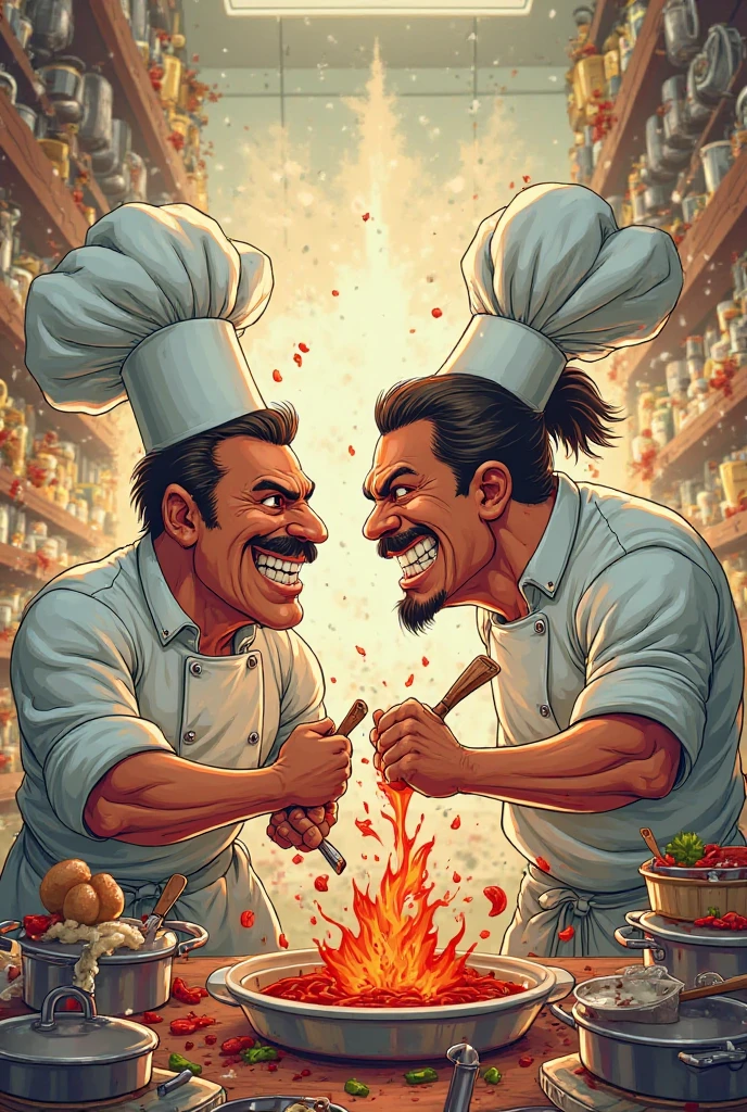 To create a funny scenario with characters resembling Dwayne Johnson and John Cena, here's an idea:
**Scenario: "The Wrestling Showdown—Cooking Edition"**
Imagine the two characters, one resembling Dwayne Johnson and the other resembling John Cena, having a mock wrestling showdown—but instead of being in a ring, they’re in a kitchen! Both are wearing chef hats and aprons that barely fit their massive frames. Dwayne’s character is holding a frying pan in a menacing but playful way, while John’s character is wielding a giant whisk like a sword. Their expressions are overly dramatic, as if they’re about to engage in an epic culinary battle.
Would you like me to generate this image, or do you have any other specific details you’d like to add?