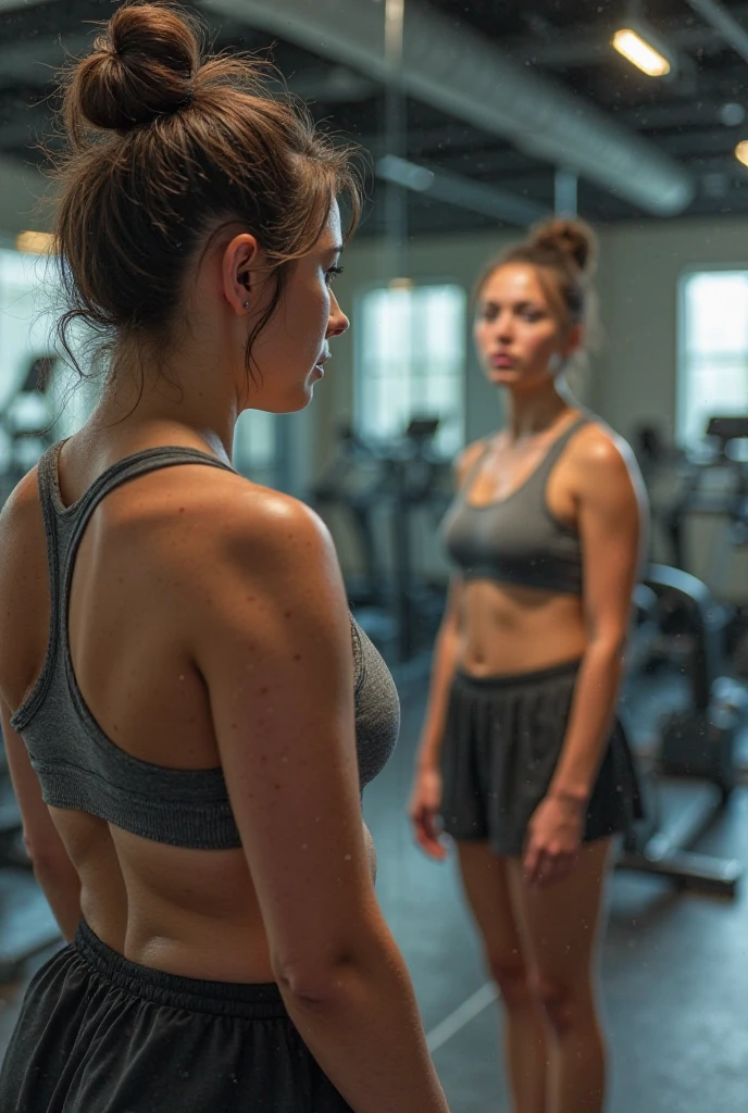 A angry looking 18yo white girl at the gym. Cleavage. Close up. Pixie cut. Dslr. Rule of thirds