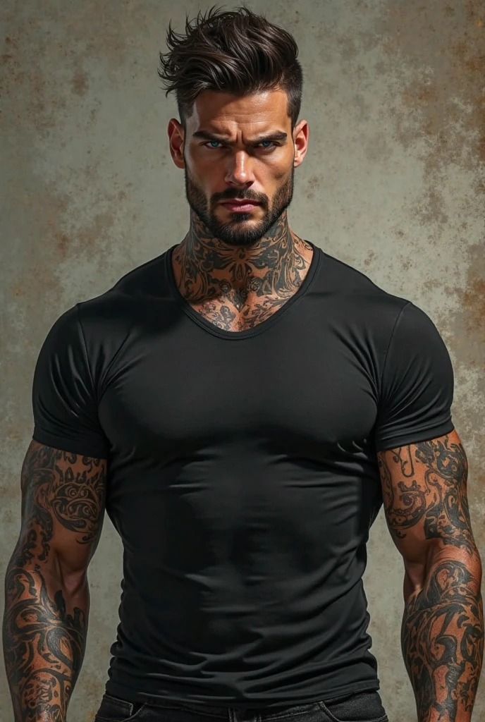 um homem com cabelo negros, Medium Jaw Beard, forte, traficante, Pintura na favela de corpo inteiro, black jeans pants, torso nu com tatuagem de asas nos ombros, tempos atuais, Height 220 centimeters, Peso 121 quilogramas, olhos negros.