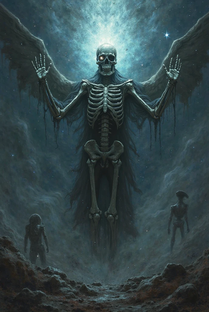 The skeletons and Lucifer talk to each other above a pile of corpses, fancy, intrikate, chic, highy detailed, centred, symetry, painting-like, intrikate, voluminetric lighting, very beautiful, Rica Deep Colors Masterpiece, sharp focus, ultra detaild, in the style of dan mumford and marc simonetti, astrophotography