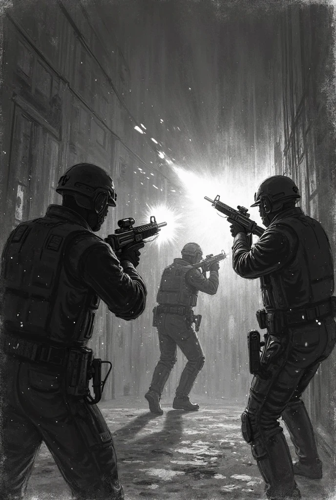 🎨 Illustration d’intensité → Un échange de tirs éclairé par les flashs des armes dans une obscurité étouffante.
Fait comme si c'était dessiné à la main et au crayon
