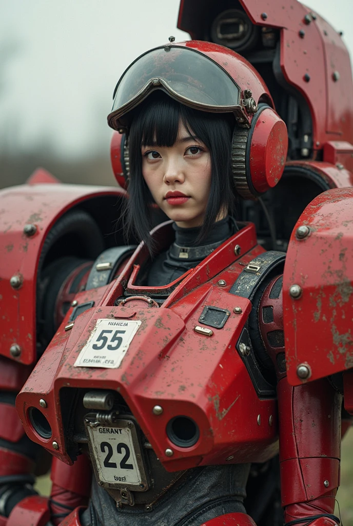A still from a film showing a female mech pilot standing in front of her (Large combat mech:1.3), Sci-Fi Armor, military base, Strong winds, Sci-fi helmet in hand, visor, Detailed eyes, dry skin, Skin fuzz, Visible skin hair, Skin blemishes ,, Shallow depth of field, Vignette, Very detailed, big budget hollywood movie, Bokeh, CinemaScope, Sulky, amazing, nice, Film Grain