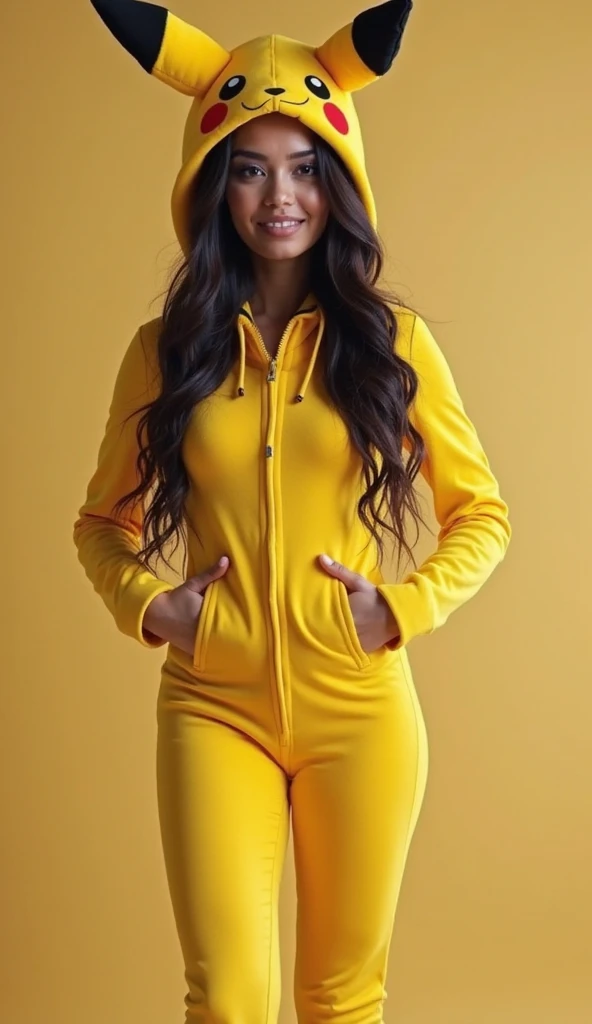 (medium full shot) of (supermodel young woman:1.1), indian with dark hair in a braid, brown eyes, darker skin tone, curvy, wearing Yellow duck costume with wings, duck head hood, yellow leggings, yellow slippers, surprised, open mouth, pointing her finger at the viewer, .set in public Toilet, Functional, no-frills space with vinyl flooring, partitioned stalls with stainless steel doors, large industrial-grade hand dryers, wall-mounted soap dispensers, central waste bin . ,Masterpiece,best quality, photorealistic, amazing quality, very aesthetic, extremely detailed face,