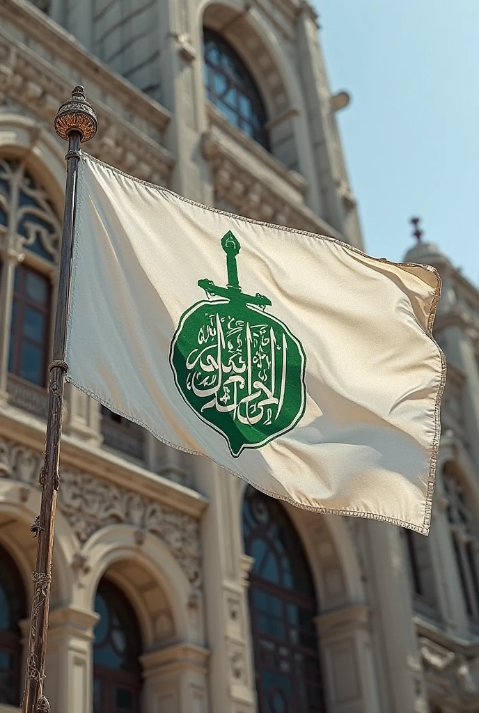 A muslim person waving islamic green flag and his white kurta back writing sarib in english 