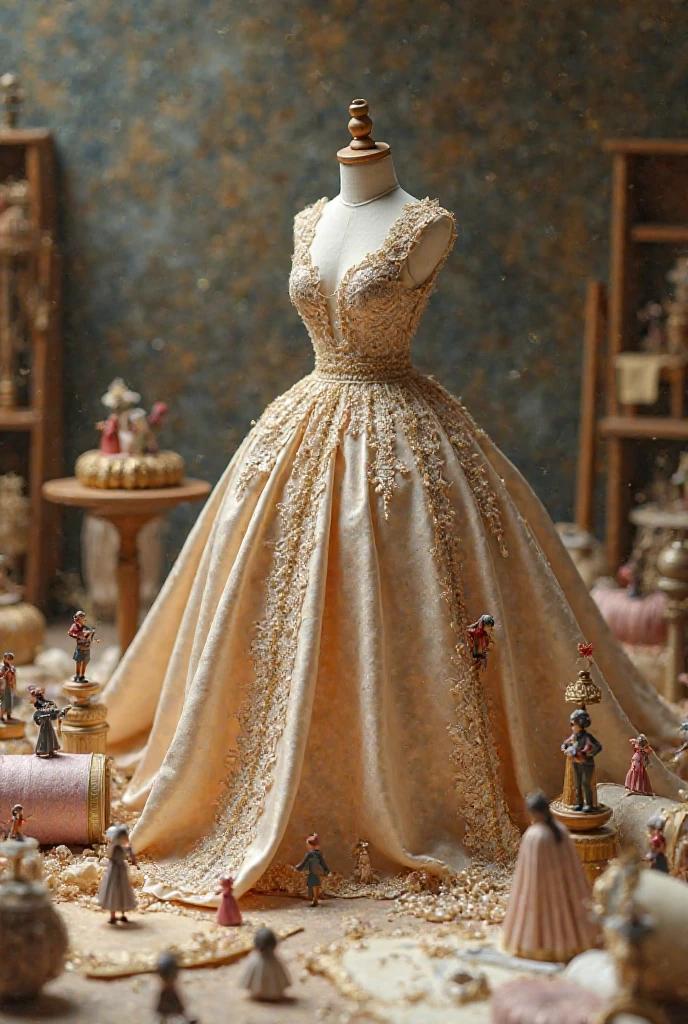 a hyper realistic photograph of a girl standing wearing a majestic light beige and gold ball gown dress, big beautiful dress, intricate puffy ball gown with lots of ruffles and rhinestones (Best quality, masterpiece, ArtStation, Fantasy Art:1.2), a palace room, a beautiful cute girl, (long white hair:1.1), (intricate short gold skirt, bare legs:1.2, full body shot)