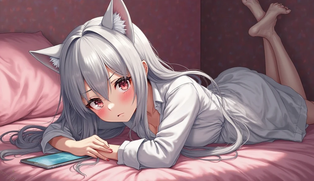one-girl,White hair,long whitr hair,cat ear,Cat tail,Lie down,expressiveless,Be red in the face,Beth,White cardigan dress,pleatedskirt,Gradient red eyes,On the sofa,Close-up