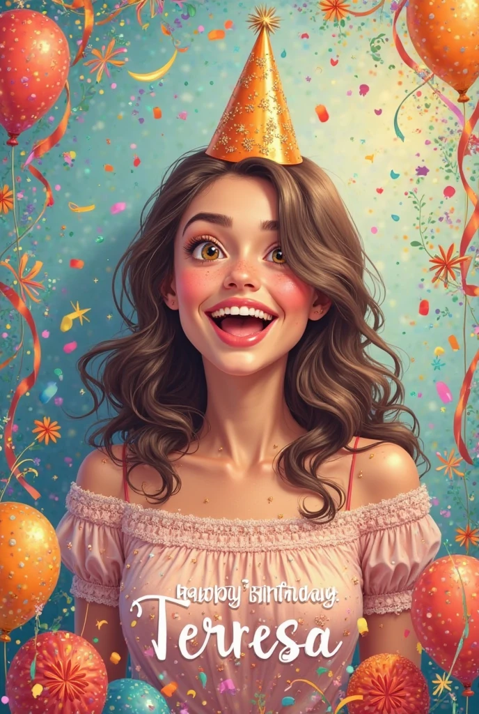 pixar 3d cartoon, chubby brunette woman celebrating her birthday