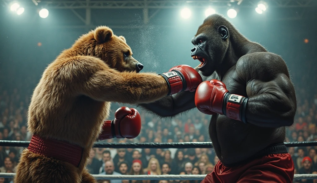 (a gorilla),(a polar bear) ,boxing outfit,gorilla wearing boxing gloves,polar bear wearing boxing gloves,fighting in a boxing ring,boxing match, intense fight, heavyweight bout, strong punches, powerful blows, fierce confrontation, intense competition, boxing championship, adrenaline rush, crowd cheering, bright arena lights, knockout punch, dynamic movements, sweat and determination, dramatic showdown, epic battle, explosive energy, physical strength, athletic display, ferocious beast, raw power, competitive spirit, intense rivalry, thrilling match, memorable clash, skillful maneuvers, strategic punches, jaw-dropping spectacle, breathtaking action, fierce animal instincts, dominant presence, triumphant victory, display of brute force, athletic prowess, captivating encounter, electrifying atmosphere, collision of titans, indomitable fighters, intense facial expressions. (best quality, high-res, realistic),(dramatic lighting, vibrant colors, dynamic composition),(action-packed scene, detailed features, intricate textures, lifelike fur),(incredible realism, powerful emotions, stunning visuals)