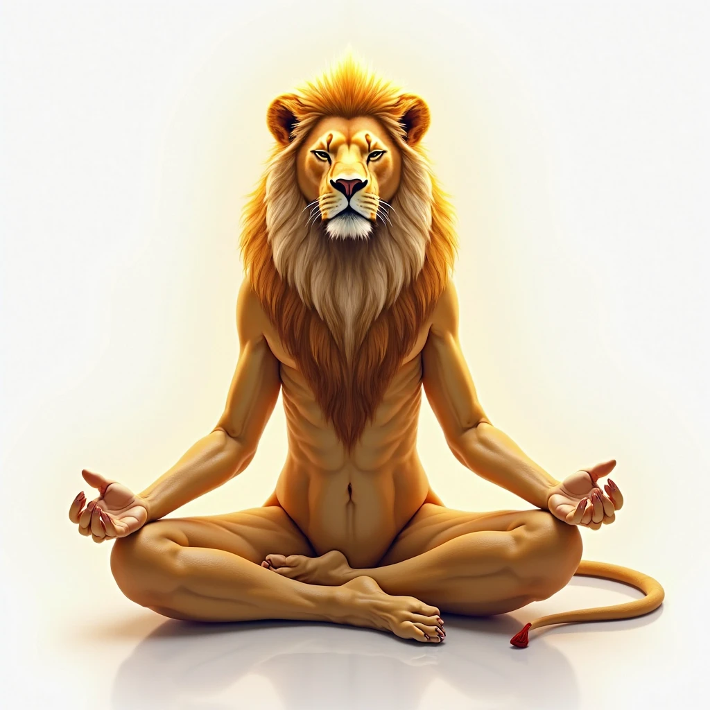 (best quality, 4k, highres, masterpiece:1.2), ultra-detailed, realistic, masculine muscular full body, lion head with big mane, closed eyes,vaishnava tilak on forehead,meditation,detailed facial features,longing expression,serene posture,peaceful ambiance,gentle lighting,vivid colors,lion-like strength and grace,spiritual aura,transcendental meditation ambiance,strong physical presence,harmonious blend of human and animal features