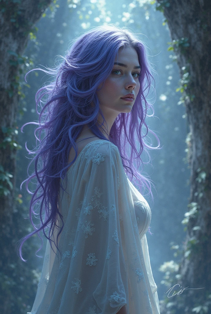 a gorgeous 25 year old woman with long, flowing lavender hair and fair skin. She has large, expressive purple eyes and a delicate facial expression. The character is wearing a white, off-shoulder top with a sheer, layered design at the bottom, and dark pants. The background is a dark, forested area with a gradient of deep blues and greens, suggesting a nighttime setting. The overall mood of the image is serene and slightly melancholic, with the character appearing to be in a moment of contemplation or concern.