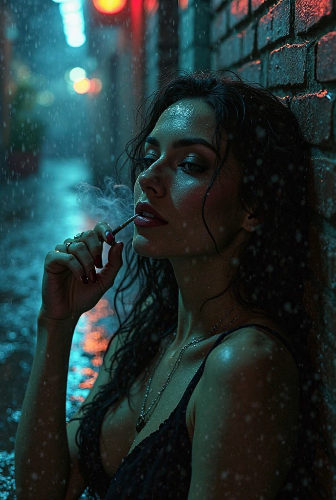 model photo of a 38 year old french woman smoking a glowing cigarette in a dark room while looking out a window, (silhouette:1.2), standing in a dark motel room, wearing a modest lounging gown, (detailed face and eyes), tousled hair, lined face, glowing embers from the cigarette faintly illuminates her face, raindrops splatter on the outside of the window, sharp focus, extremely dark lighting, dof, aesthetic, professional 35mm photograph, High resolution, masterpiece, Highest quality, Intricate details, Very detailed, Clear focus,texture, Delicate eyes, Professional, 4K,Shallow and deep, Kodak Vision Color, Exactly, Very detailed, photograph_\(Extremist\), photographpractical, practical, Post-processing, Maximum details, Roughness, Real Life, Extremist practical, Photorealism, photographgraphy, 8K Ultra HD, photographgraphy
