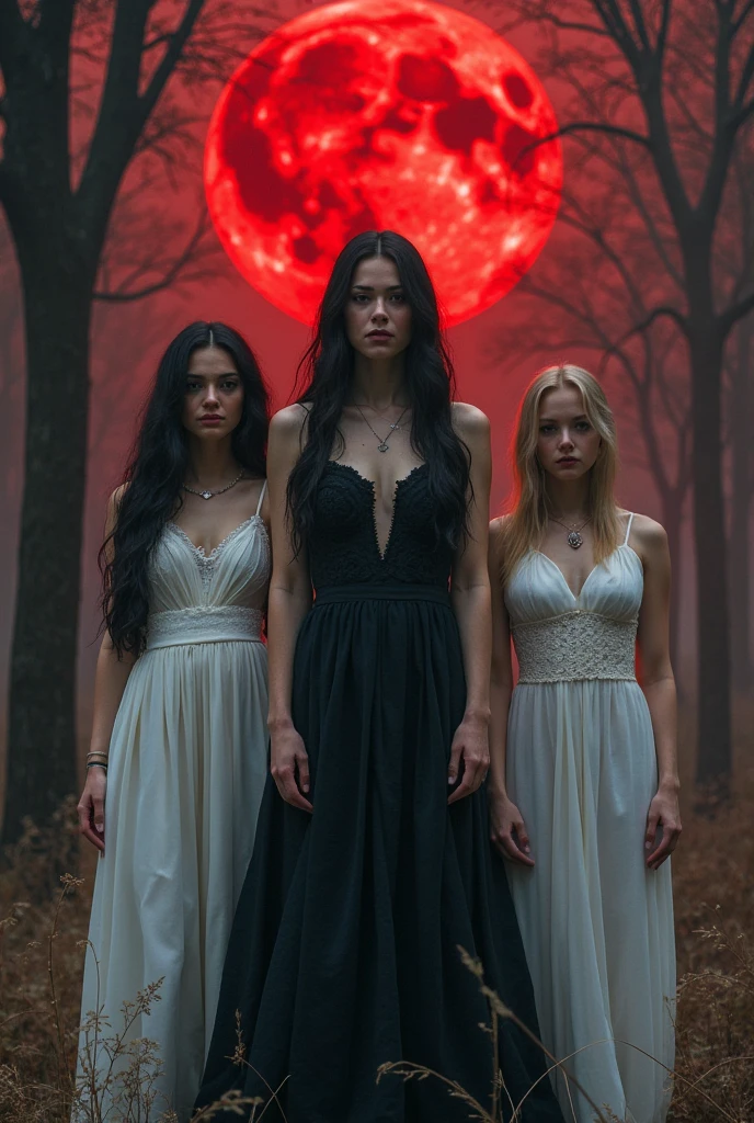 ((Night)) ((a deserted lake)) three Vampire women, ((three girls only)), (full body), (((red eyes and fangs))), one brunette, one blonde, one redhead, pale skin, (sexy see-thru nightgowns), (NSFW), (open mouths, blood on mouths), (evil grins, fangs, long canine teeth), looking at viewer, rising out of the water, soaking wet. style of a painted book illustration, dramatic lighting, (depth of field), ((masterpiece)), ((best quality)), ((highly detailed)), horror theme