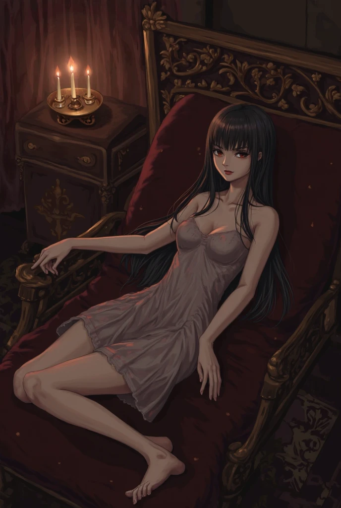 Sexy girl, long wavy hair, oversized clothing, bare shoulders, sitting on bed, night time, candles lit