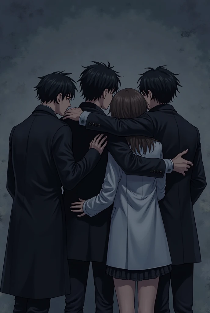 Naruto Uzumaki in suit on the left side holding the hand of Sauke Uchiha in suit on the right side and Danzo Shimura in the middle and all with blood splatter
