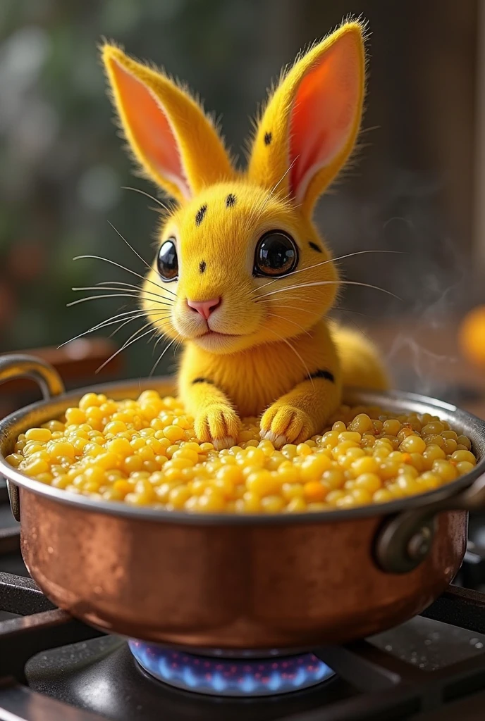 A hybrid alien creature, super adorable and furry, that looks like a cute rabbit with a lion's face. The creature has vibrant yellow fur with black stripes. You're cooking a risotto in a shiny copper pot over an enchanted stove. The golden steam infused with saffron swirls in intricate patterns over the pot. realistic, quality 4k,  taken with a professional camera ,  with a high level of detail .