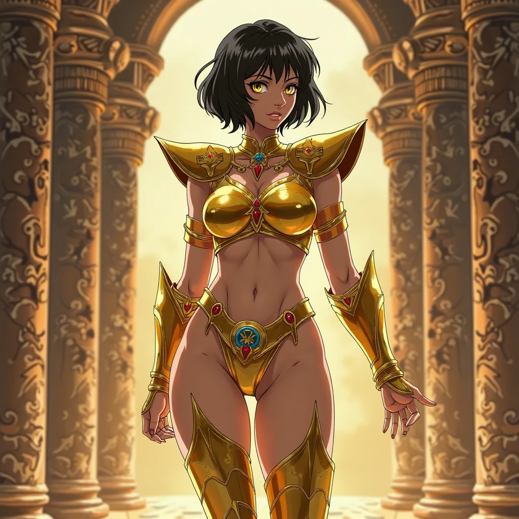 masterpiece, best quality, agrias, a woman, solo, wearing a tiny gold metal bikini, age 32, muscular, church, big breast, standing, head up, Night time, short hair, black hair, glowing blue eyes