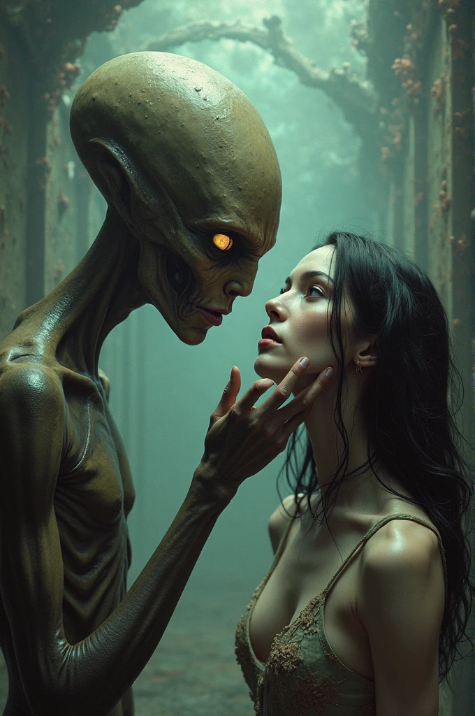There a frightened grey alien female with a taller male grey alien behind her cupping the female's breasts