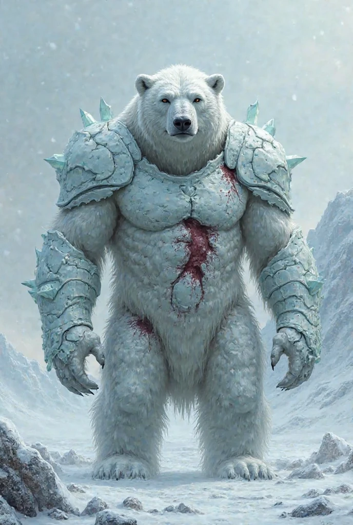 A ferocious polar bear warrior clad in full body metal armor, sporting a fierce expression, and lunging forward in a determined chase. Blood drips from its sharp claws, stained on its face and mouth, as it opens its mouth in a menacing display. Its pristine white fur stands out against the backdrop of blood-stained ice and a wintry landscape.