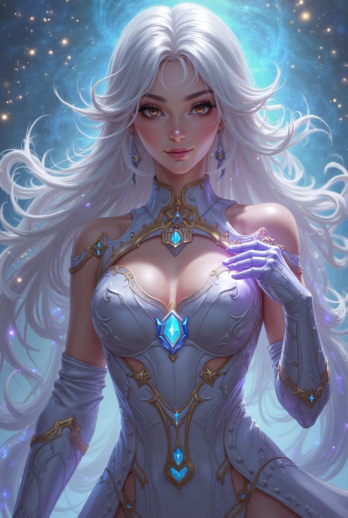 ((sureal image))((tall, beautiful, gorgeous, majestic, magical, celestical goddess)) ((seductive smile)) ((pale skin)) ((blue eyes)), ((dark eyeshadows make up)) ((red lips)) ((very long wavy platinum blonde hair, light glowing hair)) ((big breast:1.5)) ((skinny body:1.3)) ((wear very long sleeves strapless white bra, tiny thong bottom, tiny thong bottom, with gold ornaments)) ((white stocking, jewelry)) ((seductive pose, floating above floor inside celestial metaphysic space)) ((divine and magical aura around her)) ((gold crown of light above head)) ((magic particles floating around)) ((high definition:1.5), ((masterpiece:1.5))((8k:1.5)) ((Best quality:1.4)), more_details:-1, more_details:0, more_details:0.5, more_details:1, more_details:1.5,